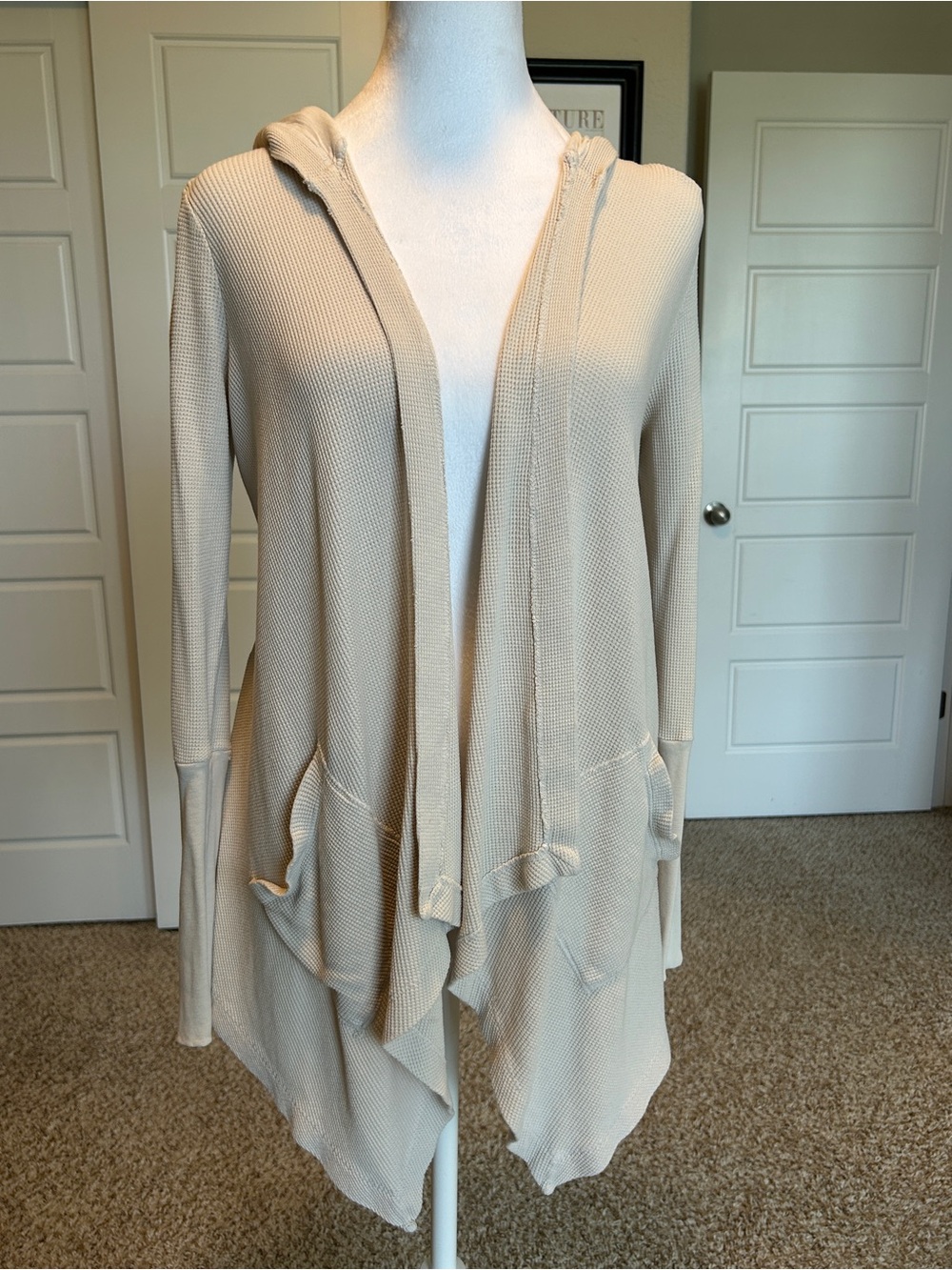 SPLENDID Waffle Knit Asymmetrical Open Hoodie Cardigan Cream Size XS